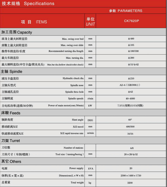 CK SLANT BED RECISÃO CNC TIRO CK7620P