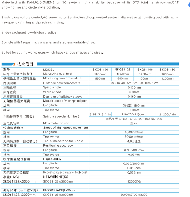 Torno CNC de 8 toneladas SKQ61100-SKQ61125-SKQ61140-SQK61160