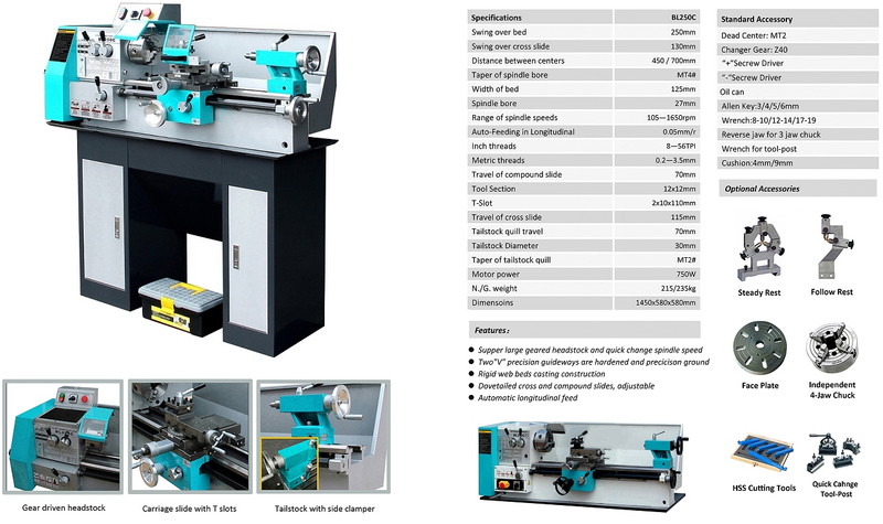 Máquina de torno BL250C para metal (proteção de baixa tensão)