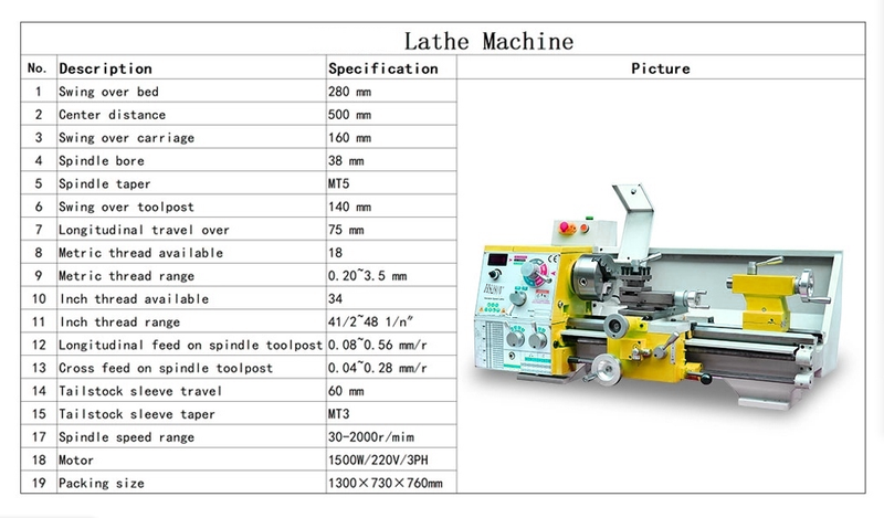 HS280V/500 1500W MOTOR MT5 EPINE 280*500mm Frea fabricando torno de metal machin